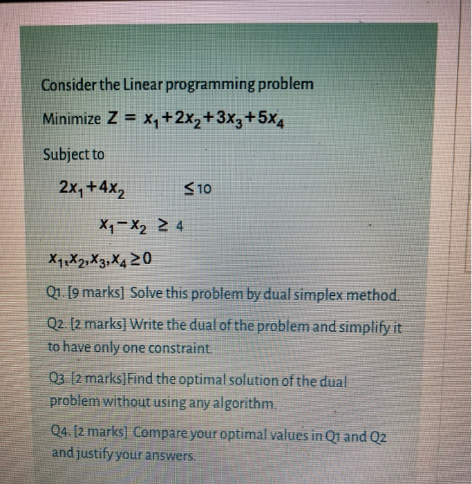 Solved Consider the Linear programming problem Minimize Z = | Chegg.com