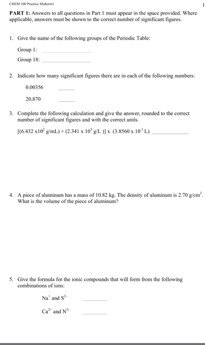 Solved 1 CHEM 100 Practice Midterm PART 1: Answers to all | Chegg.com