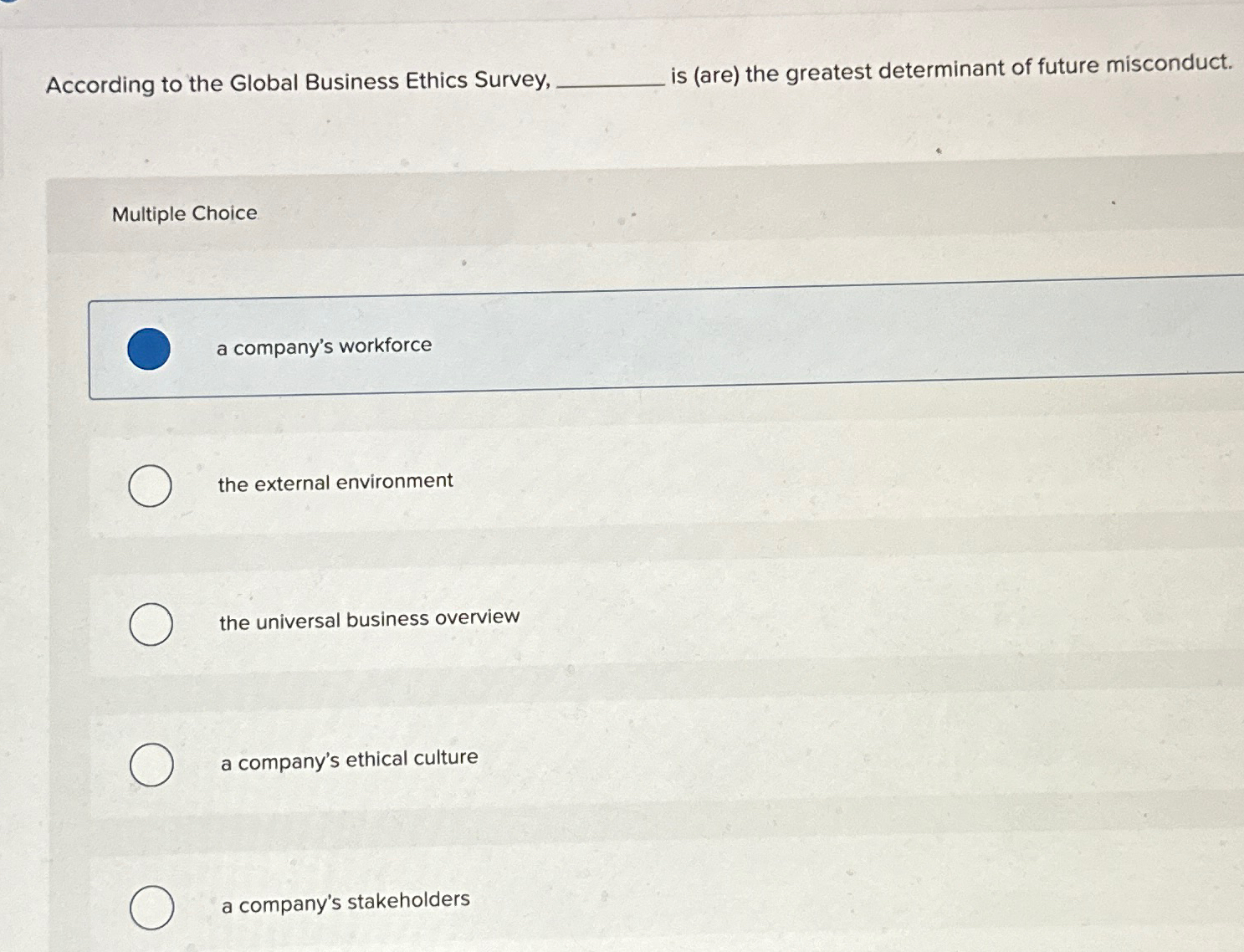 Solved according to the global business ethics survey is chegg
