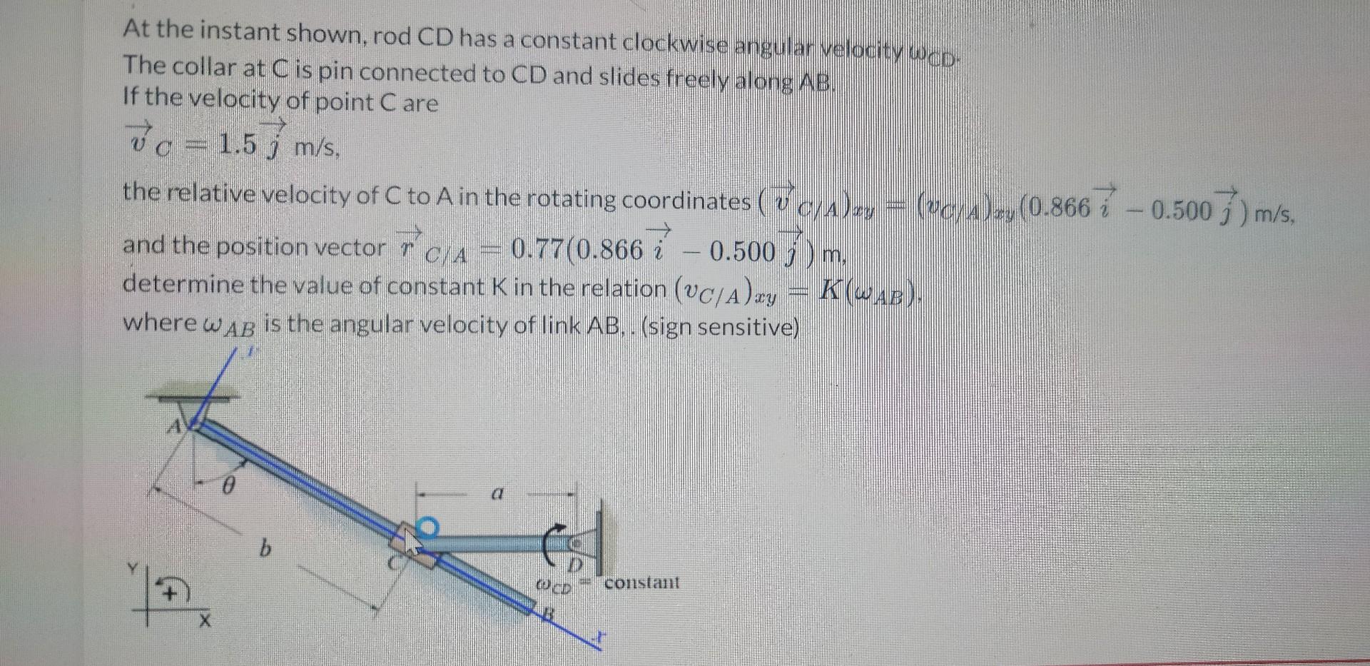 Solved At the instant shown, rod CD has a constant clockwise | Chegg.com