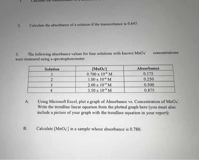 Solved 2. . Calculate the absorbance of a solution if the | Chegg.com