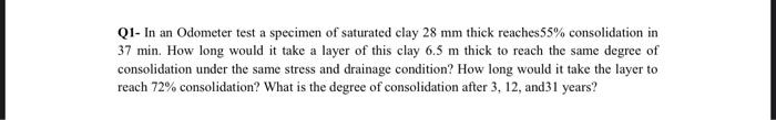 Solved Q1- In an Odometer test a specimen of saturated clay | Chegg.com
