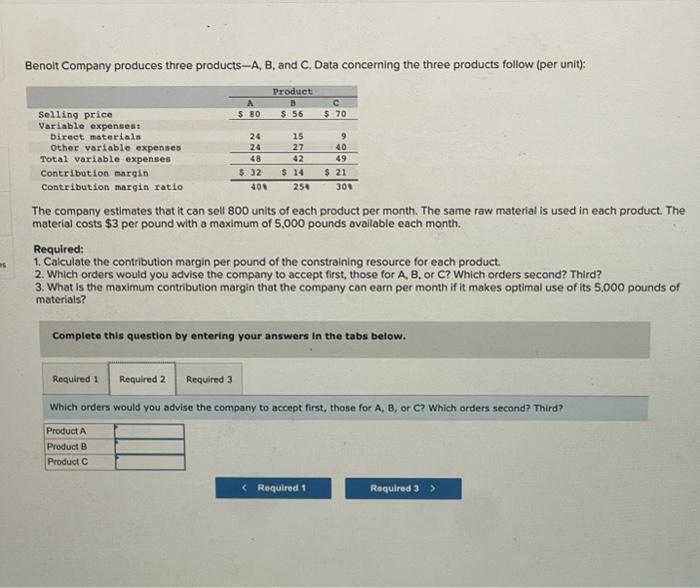 Solved Benoit Company produces three productsA, B, and C.