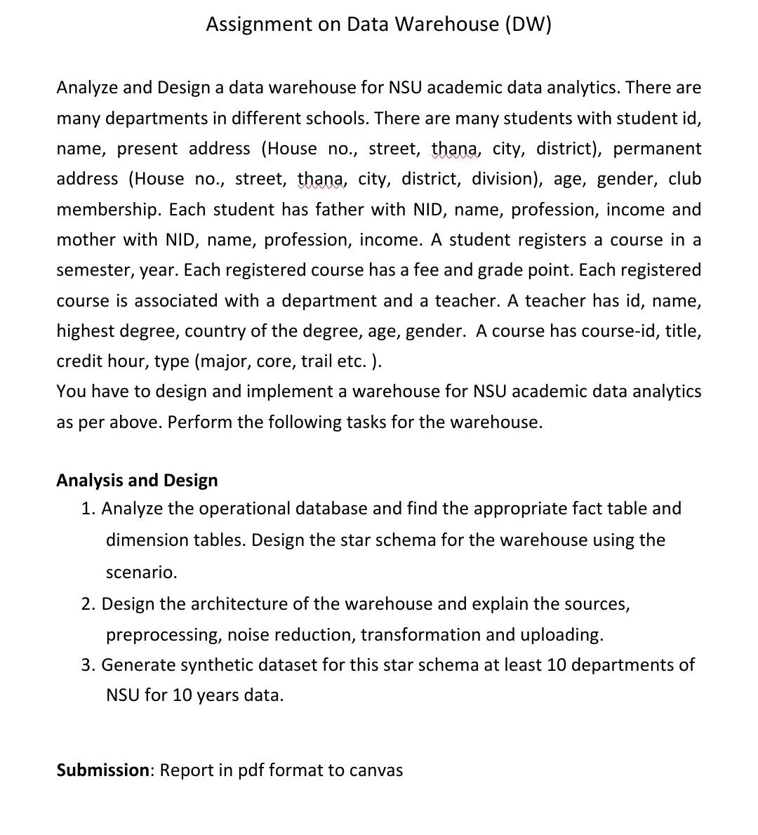 Solved Assignment on Data Warehouse (DW) Analyze and Design | Chegg.com