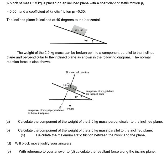 Solved A block of mass 2.5 kg is placed on an inclined plane | Chegg.com