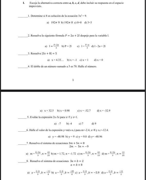 Solved I. Escoja La Alternativa Correcta Entre A,b,c,d, Debe | Chegg.com