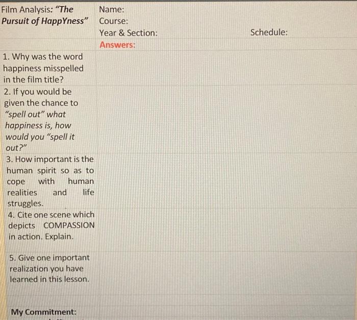 Schedule: Film Analysis: "The Name: Pursuit of | Chegg.com