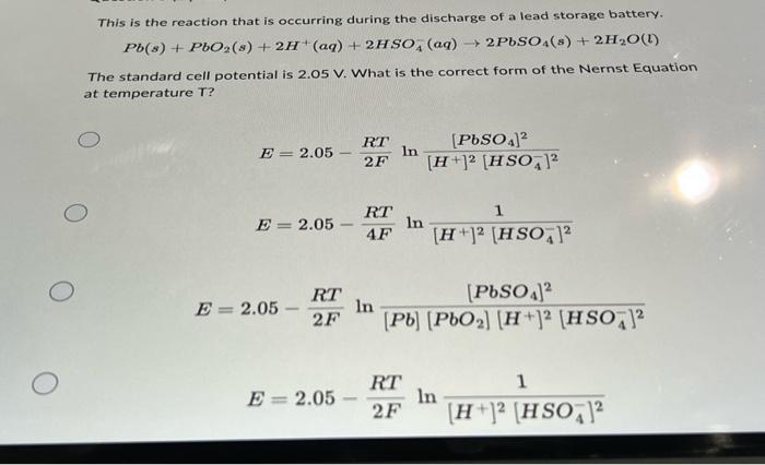 Solved Pb(s)+PbO2(s)+2H+(aq)+2HSO4−(aq)→2PbSO4(s)+2H2O(r) | Chegg.com
