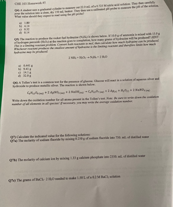 Solved CHE 103 Homework #5 00) A student uses a graduated | Chegg.com