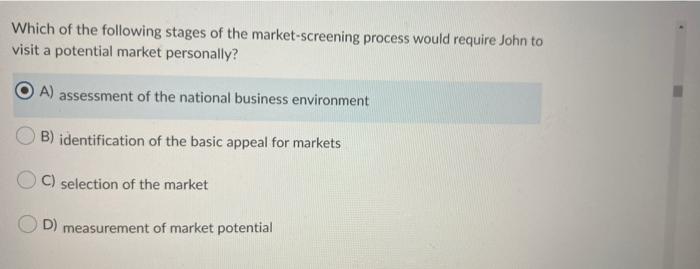Solved Which of the following stages of the market-screening | Chegg.com