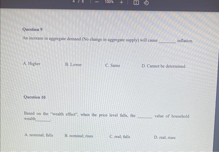 Solved 4 / 5 - 100% + Question 9 An increase in aggregate | Chegg.com