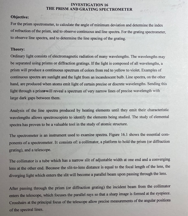 Solved INVESTIGATION 16 THE PRISM AND GRATING SPECTROMETER