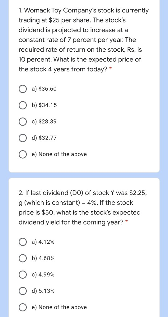 Solved 1 Womack Toy Company S Stock Is Currently Trading