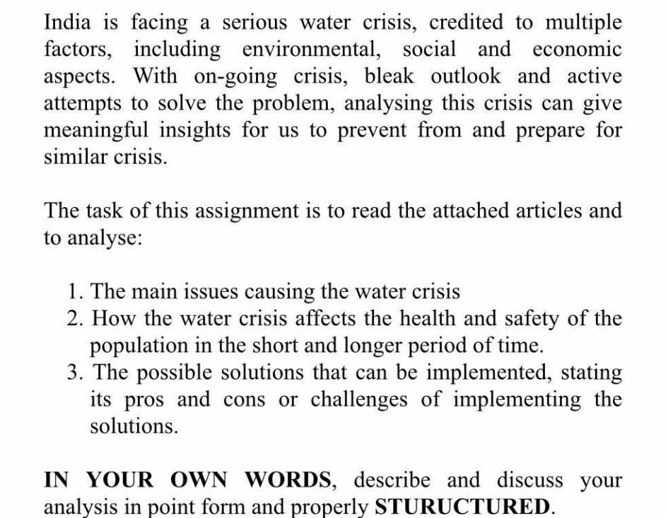 Solved India is facing a serious water crisis, credited to | Chegg.com