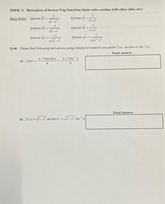 Solved TOPIC 3 Derivatives of Inverse Trig Functions (basic