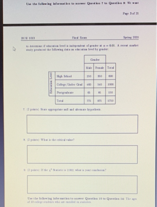 Solved Use the following information to answer Question T to | Chegg.com