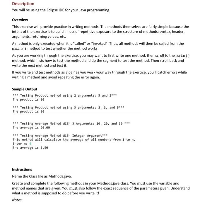 Solved Description You will be using the Eclipse IDE for | Chegg.com