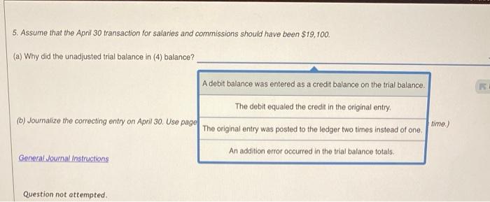 Solved 5 Assume That The April 30 Transaction For Salaries | Cheggcom