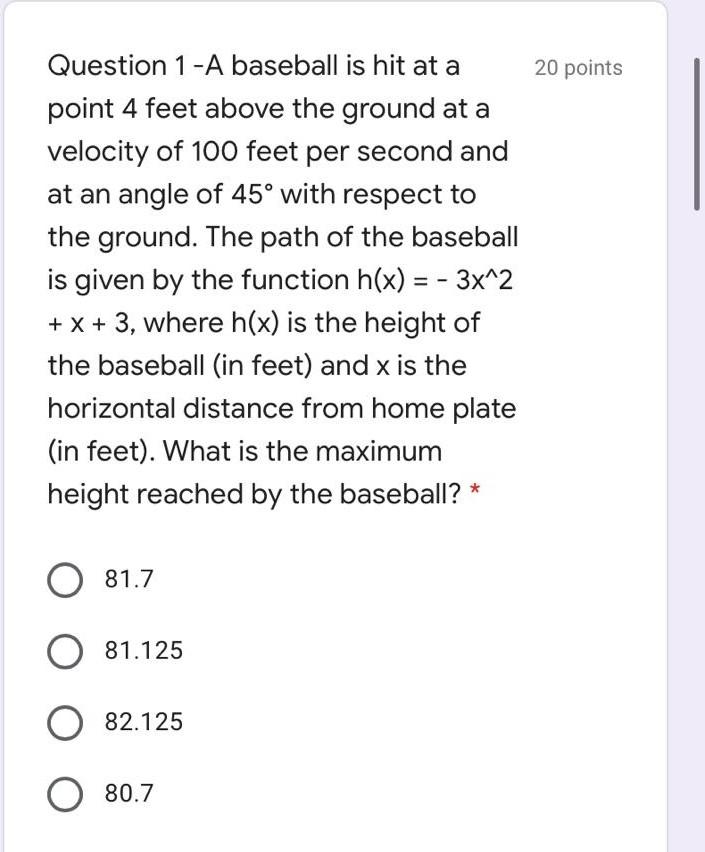 Hit At One Point Math Solved 20 points Question 1 - A baseball is hit at a point 4 | Chegg.com