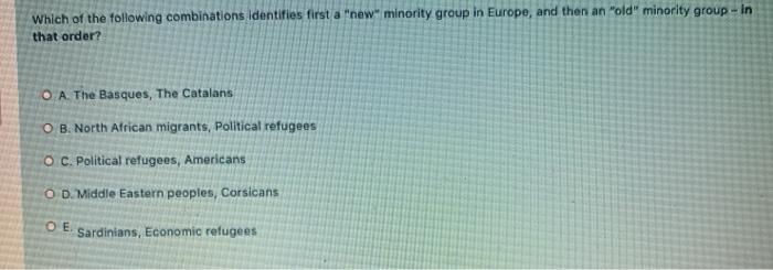 Which of the following combinations Identifies first a new minority group in Europe, and then an old minority group - in