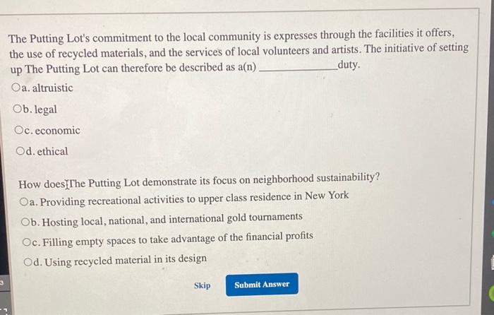 Solved The Putting Lot's commitment to the local community | Chegg.com