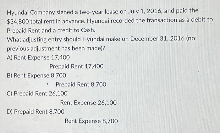 Solved Hyundai Company signed a two-year lease on July 1, | Chegg.com