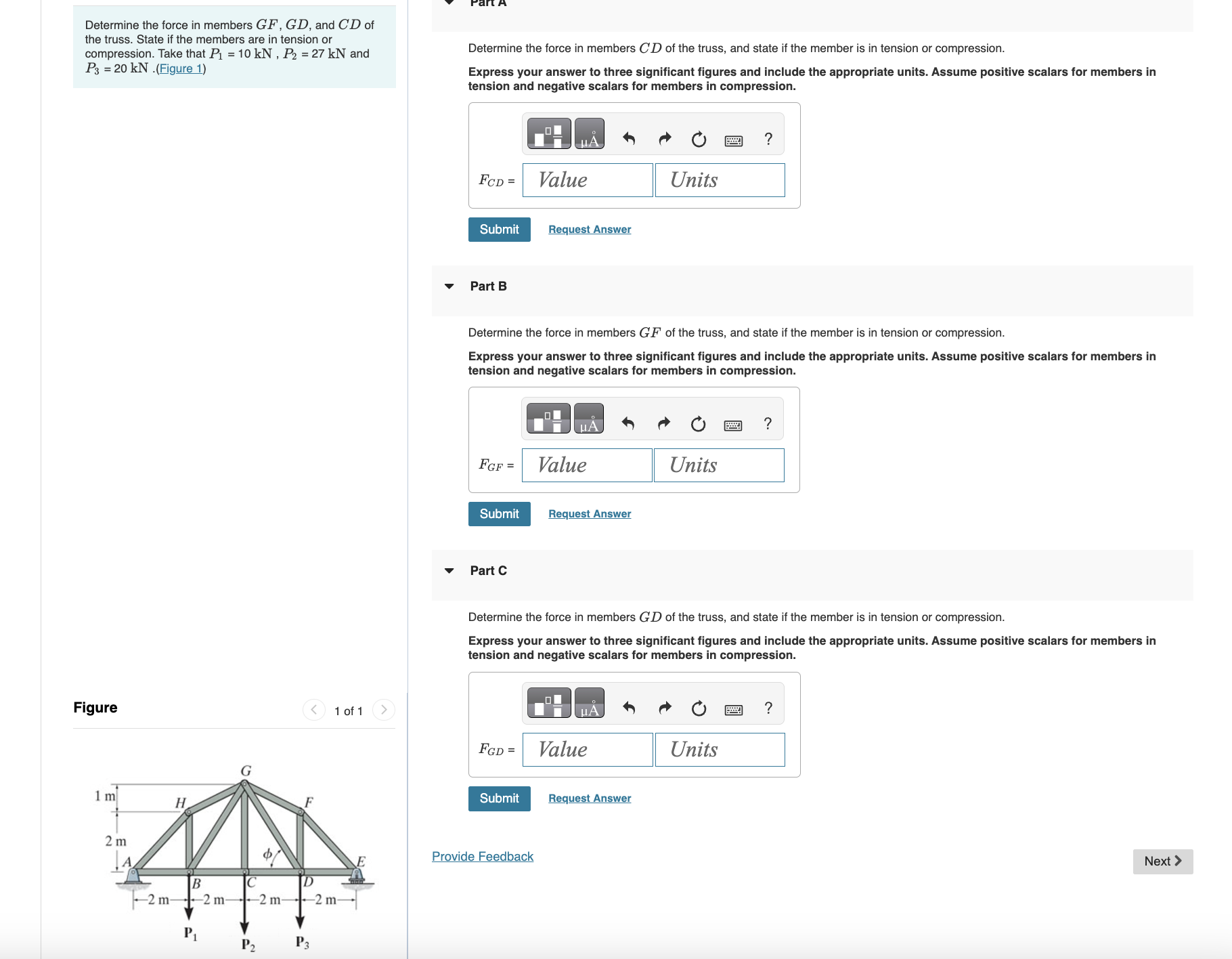 Solved Determine the force in members \( ﻿G F, ﻿G D \), ﻿and | Chegg.com