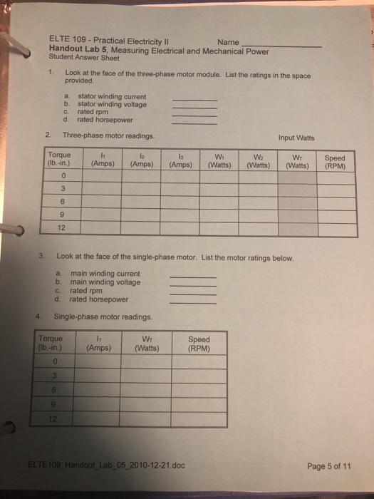 ELTE 109 - Practical Electricity II Name Handout Lab | Chegg.com