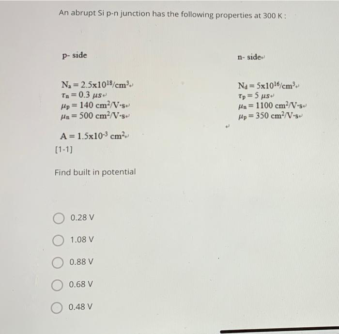 Solved An abrupt Si p-n junction has the following | Chegg.com