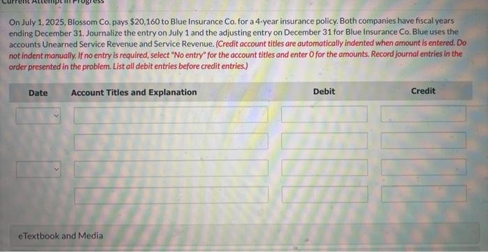 Solved On July 1, 2025, Blossom Co. pays $20,160 to Blue