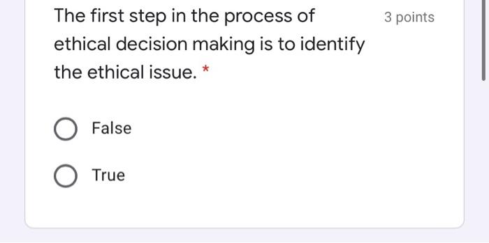 Solved 3 points The first step in the process of ethical | Chegg.com