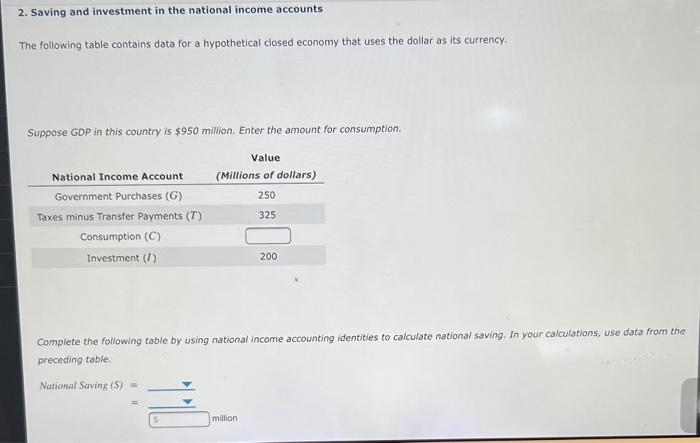 2. Saving and investment in the national income accounts
The following table contains data for a hypothetical closed economy 