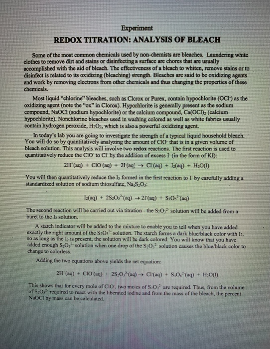 Solved Experiment REDOX TITRATION ANALYSIS OF BLEACH Some