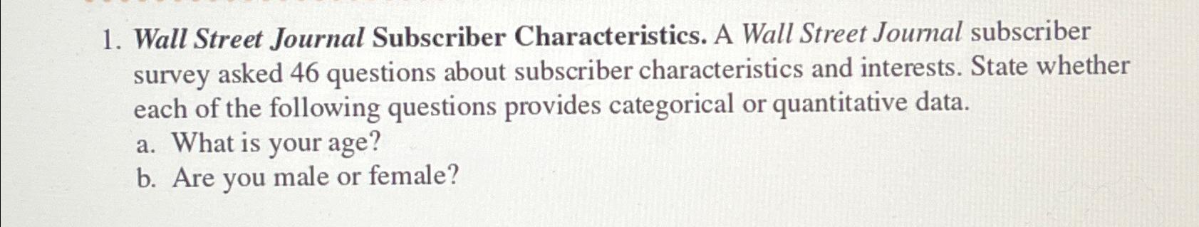 Solved Wall Street Journal Subscriber Characteristics A Chegg com