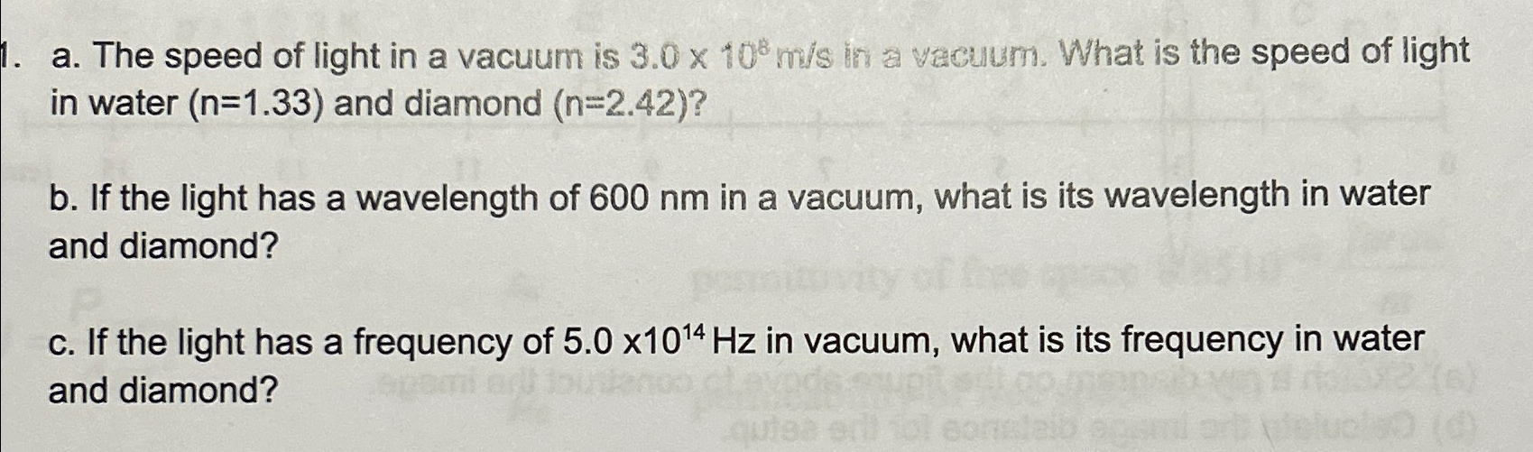 Solved a. ﻿The speed of light in a vacuum is 3.0×108ms ﻿in a | Chegg.com