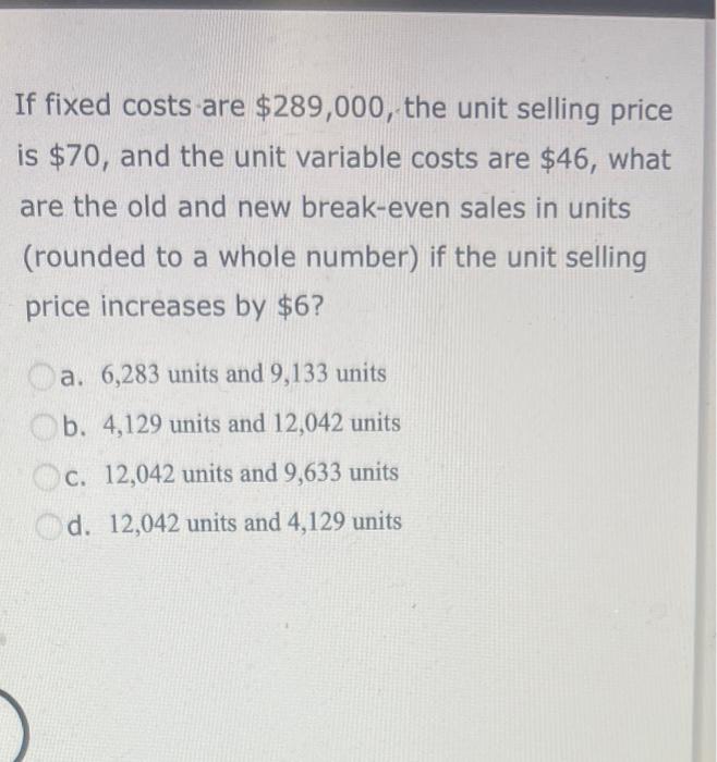 Solved If fixed costs are $289,000, the unit selling price | Chegg.com