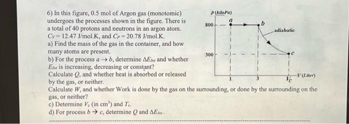 6) In this figure, \( 0.5 \mathrm{~mol} \) of Argon gas (monotomic) undergoes the processes shown in the figure. There is a t