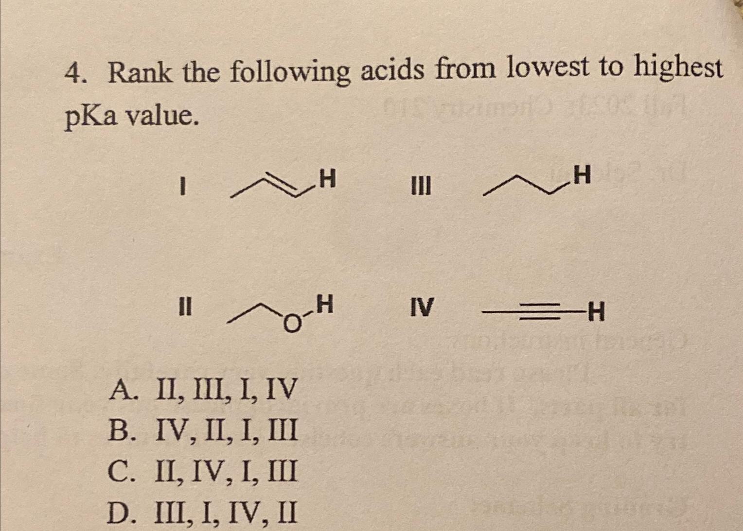 Solved Rank the following acids from lowest to highest pKa