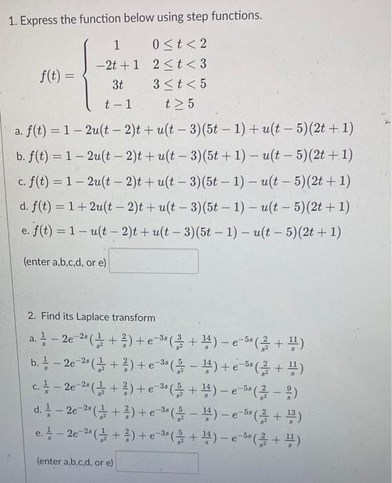 Solved 1. Express the function below using step functions. | Chegg.com