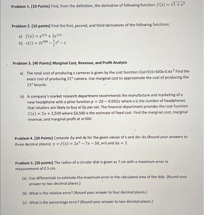 Solved Problem 1. [10 Points) Find, From The Definition, The | Chegg.com