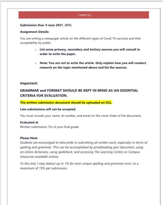 Cmm125 Submission Due 9 June 21 5 Assignment Chegg Com