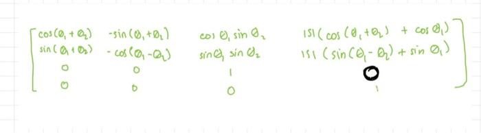 Solved ⎣⎡cos(θ1+θ2)sin(θ1+θ2)0−sin(θ1+θ2)−cos(θ1−θ2)0cosθ1si | Chegg.com