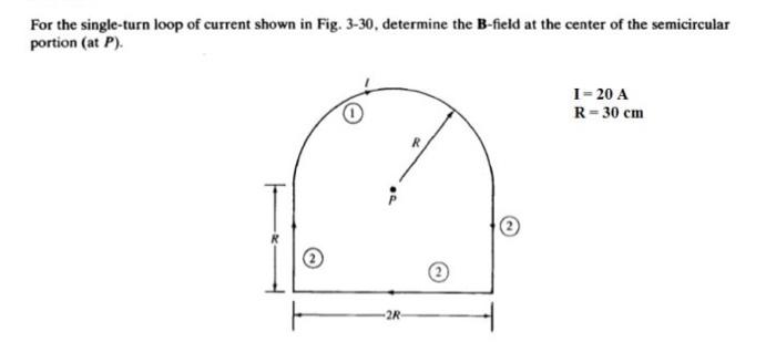 For the single-turn loop of current shown in Fig. 3-30, determine the B-field at the center of the semicircular portion (at \