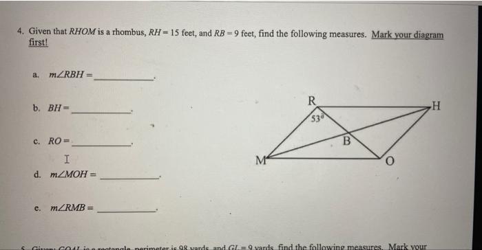 Solved given that the rhombus RH = 15 feet, and RB = 9 feet | Chegg.com