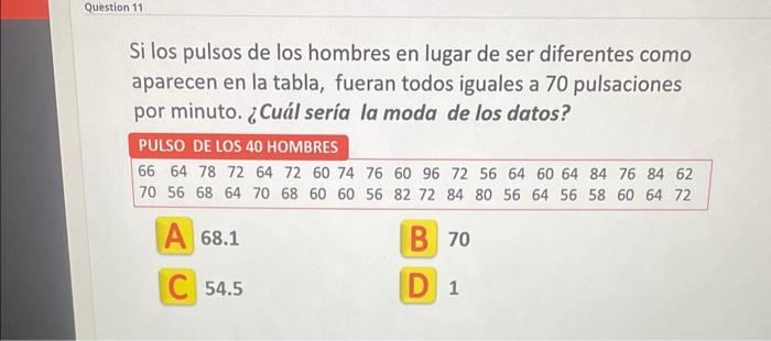 Si los pulsos de los hombres en lugar de ser diferentes como aparecen en la tabla, fueran todos iguales a 70 pulsaciones por