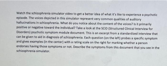 Watch the schizophrenia simulator video to get a | Chegg.com