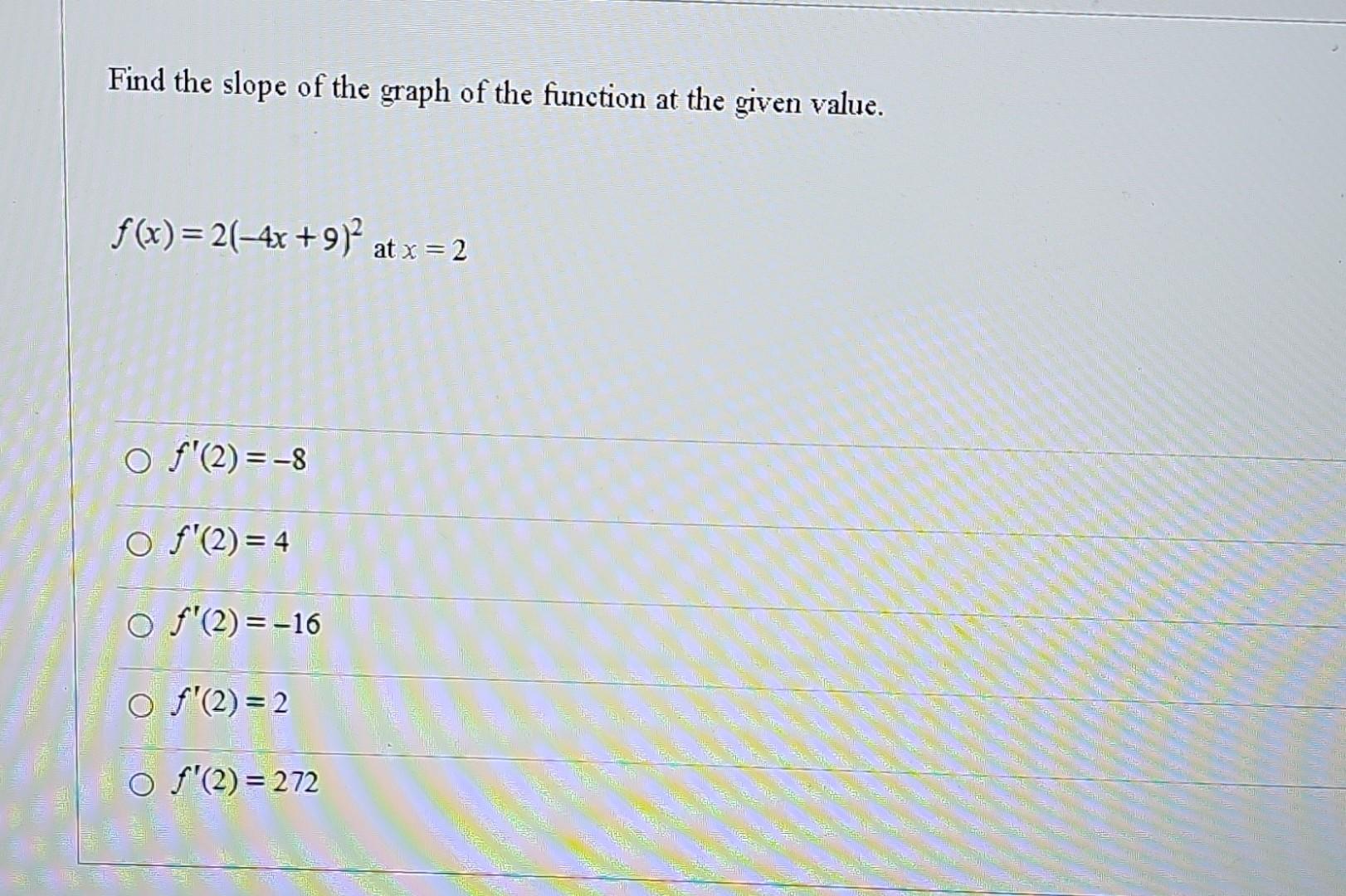 Solved Find the slope of the graph of the function at the | Chegg.com