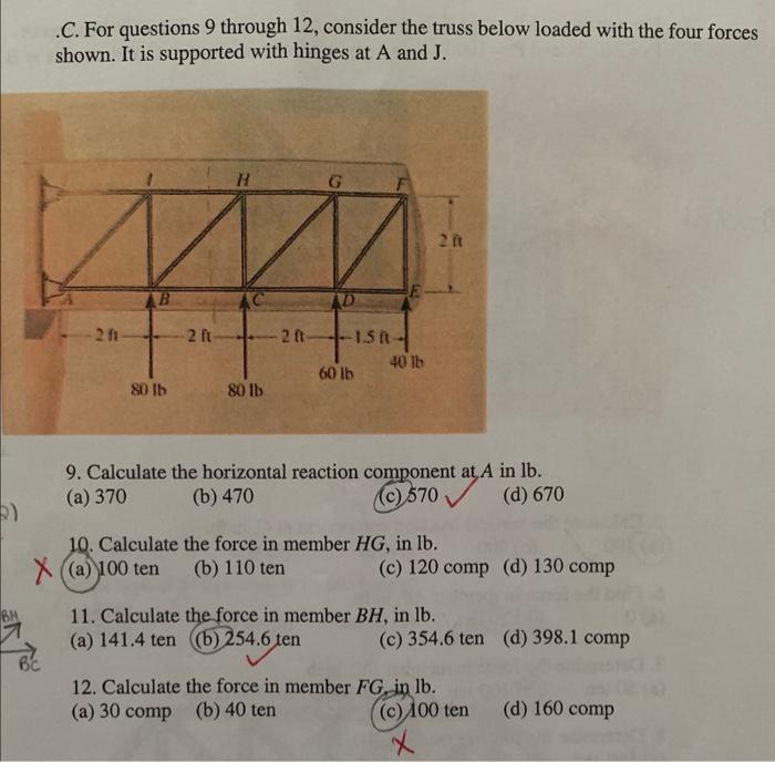 Solved C. For questions 9 through 12 , consider the truss | Chegg.com