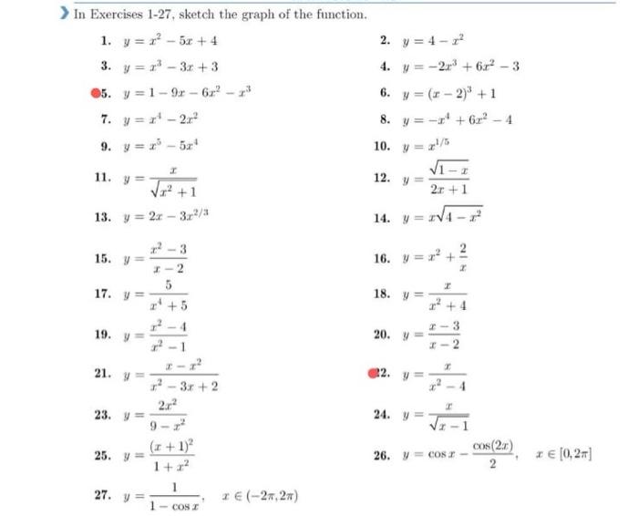 In Exercises 1-27, sketch the graph of the function. 1. \( y=x^{2}-5 x+4 \) 2. \( y=4-x^{2} \) 3. \( y=x^{3}-3 x+3 \) 4. \( y