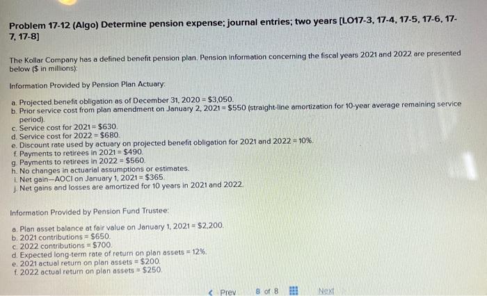 Solved Problem 17-12 (Algo) Determine Pension Expense; | Chegg.com